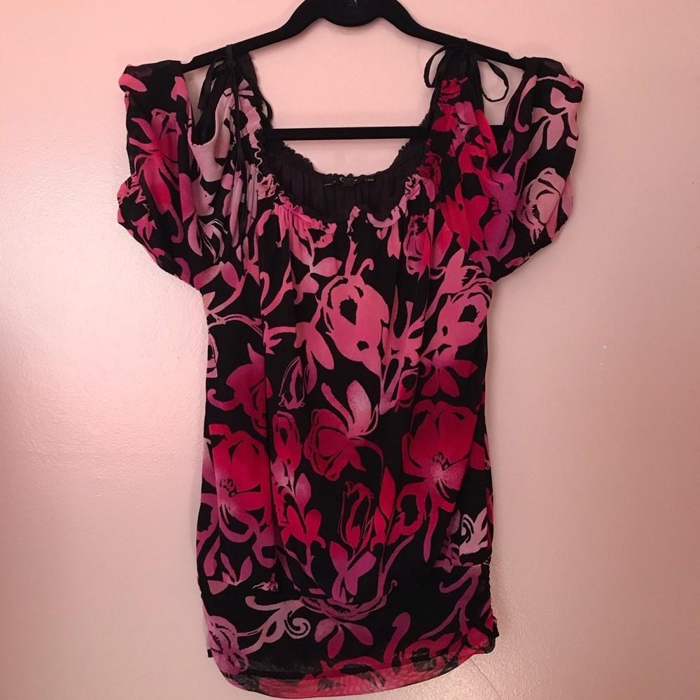 Express Red and Pink Floral Nylon Off-Shoulder Top